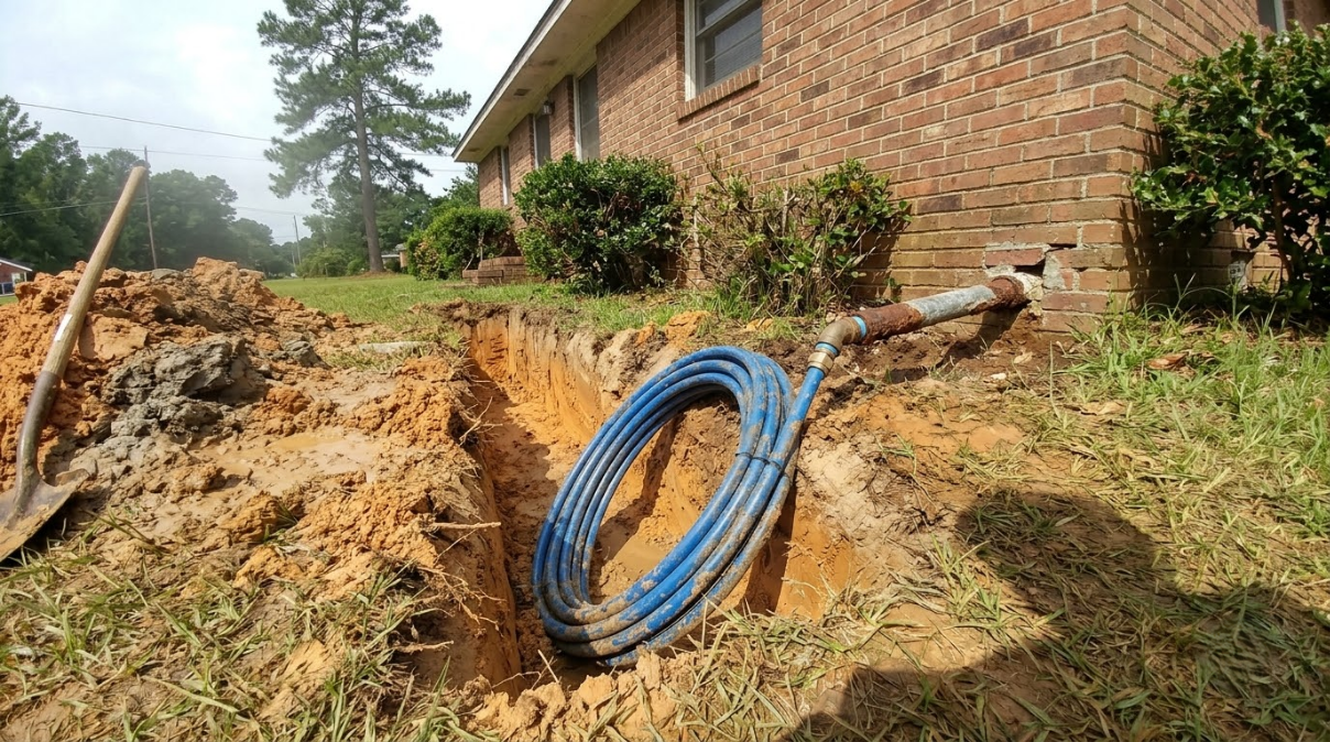 Blue coiled hose in a trench beside a brick house, with dirt piled along the excavation.