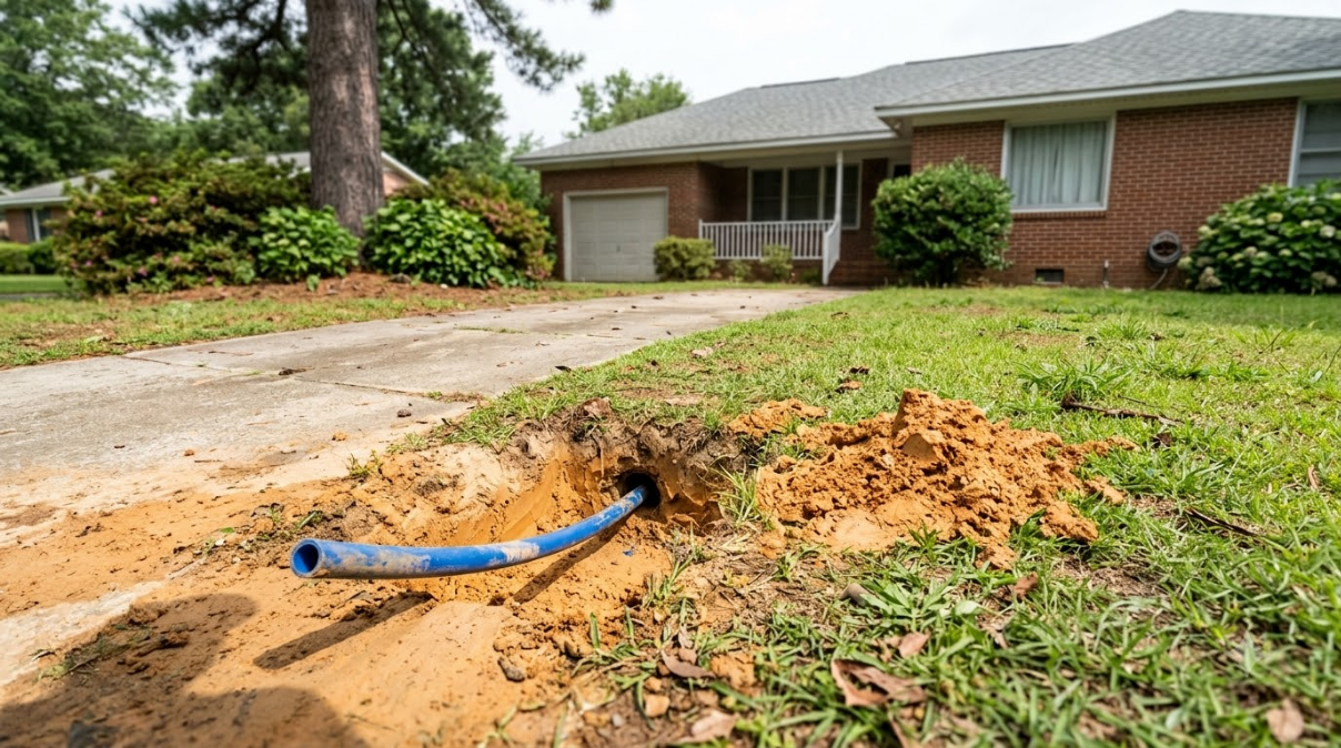 Blue pipe sticking out of a dirt mound in a suburban front yard beside a brick house.