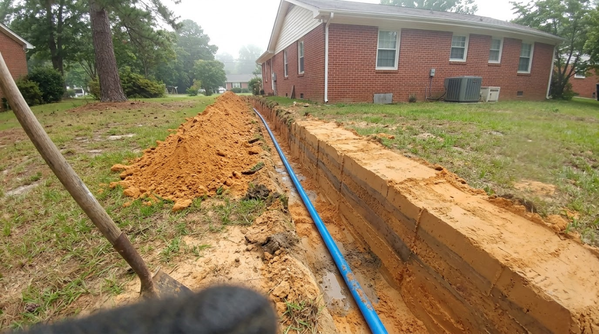 Trench dug beside a brick house, exposing a blue pipe and piles of dirt along the lawn.