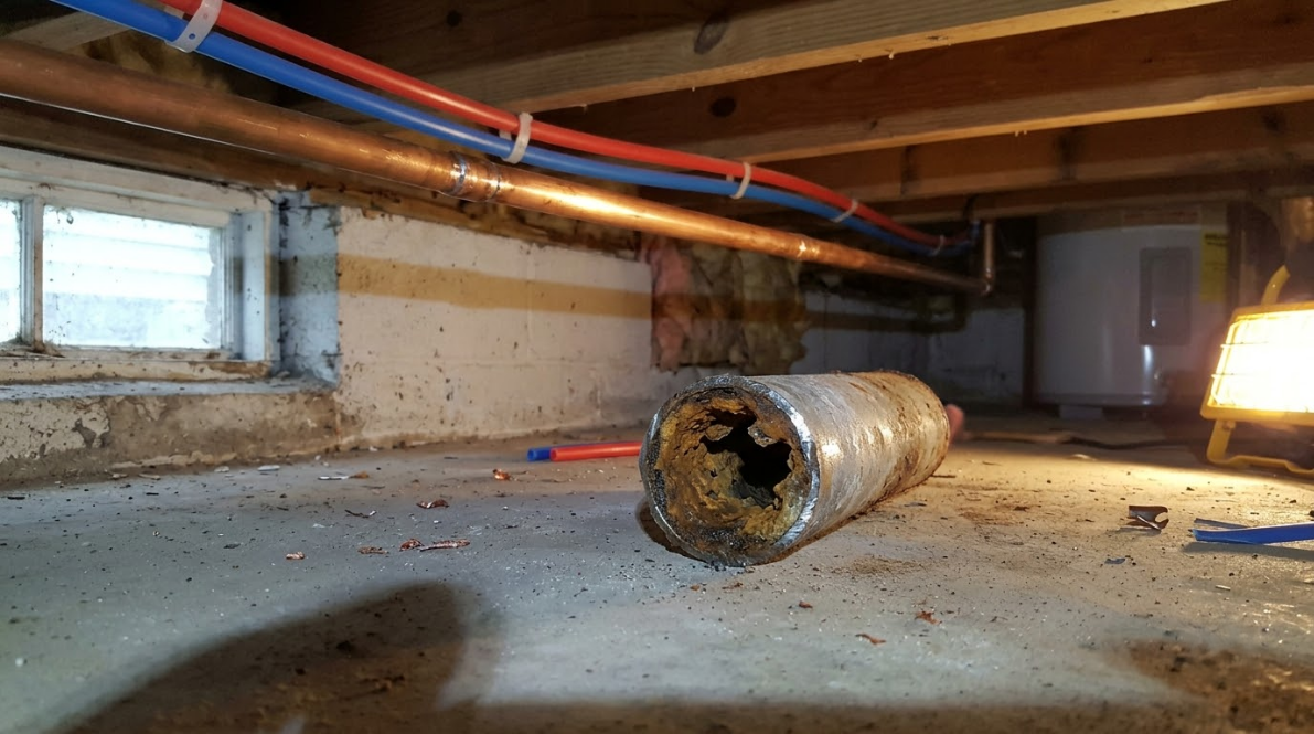 Rusty pipe lying on a basement floor beneath exposed ceiling beams and utility lines.