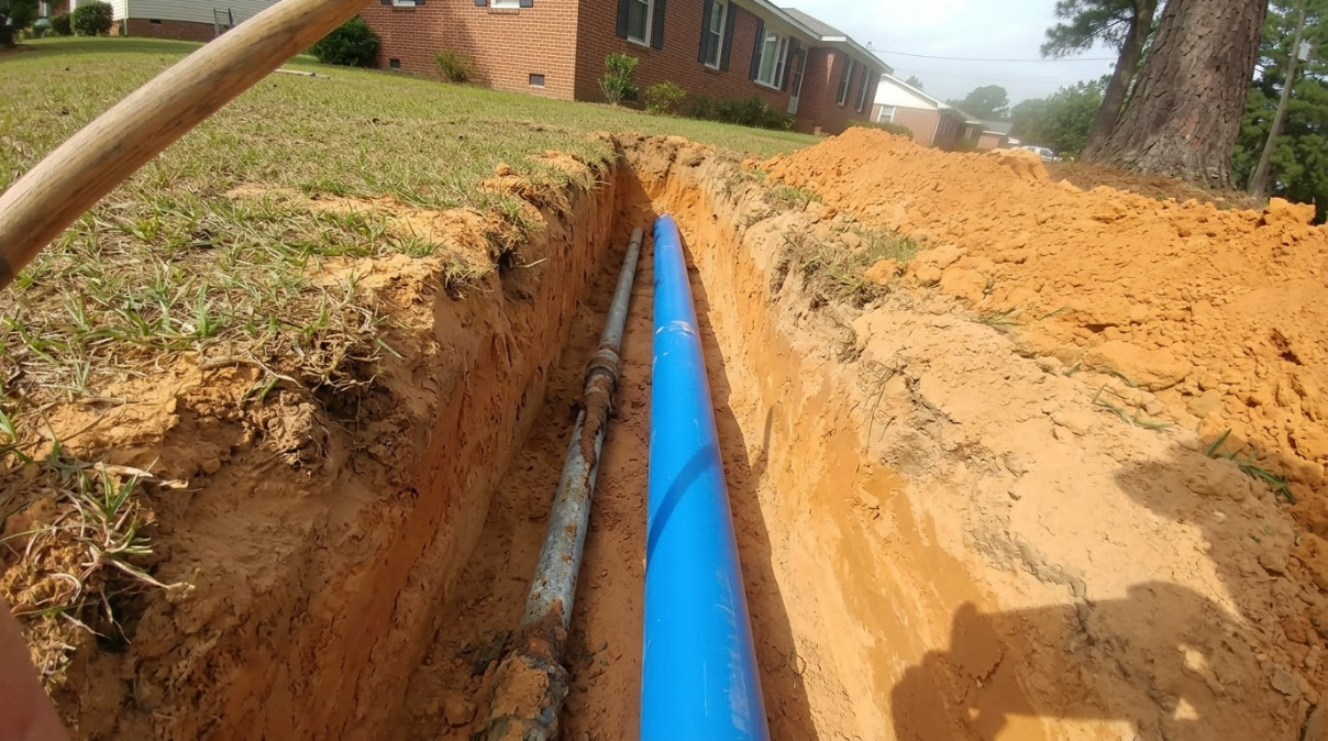 Trench beside a house with a blue pipe running through it, lined with dirt and grass