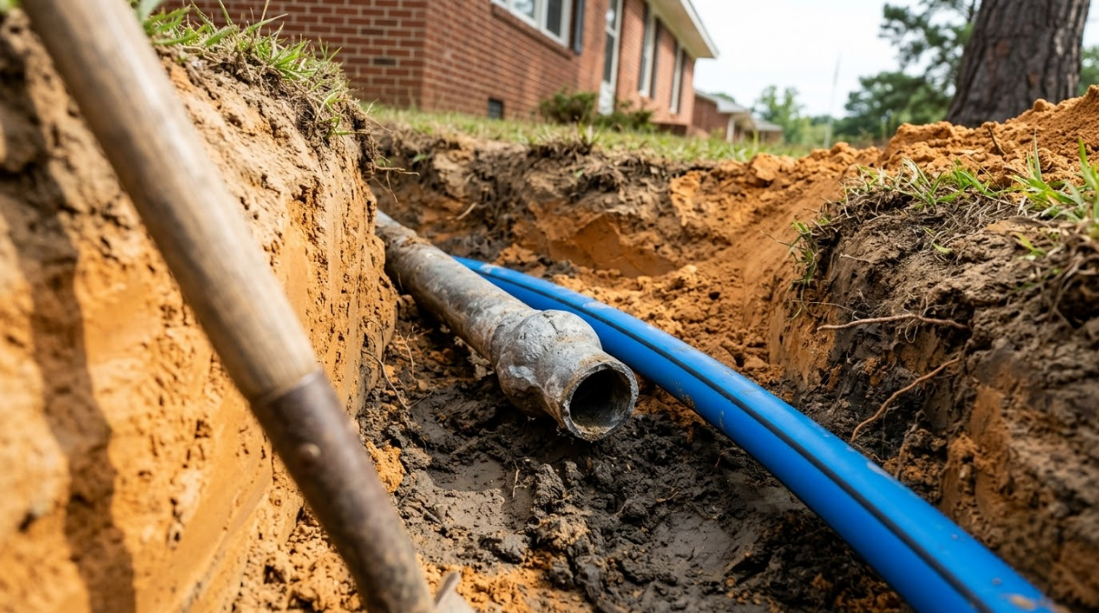Blue utility pipe in a dirt trench beside a house, with a pipe and shovel on the excavation wall