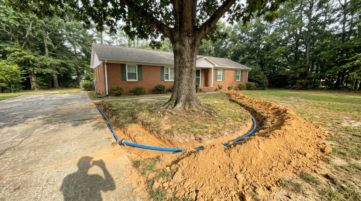 Brick house with curved dirt trench and blue hose along front yard driveway under large tree