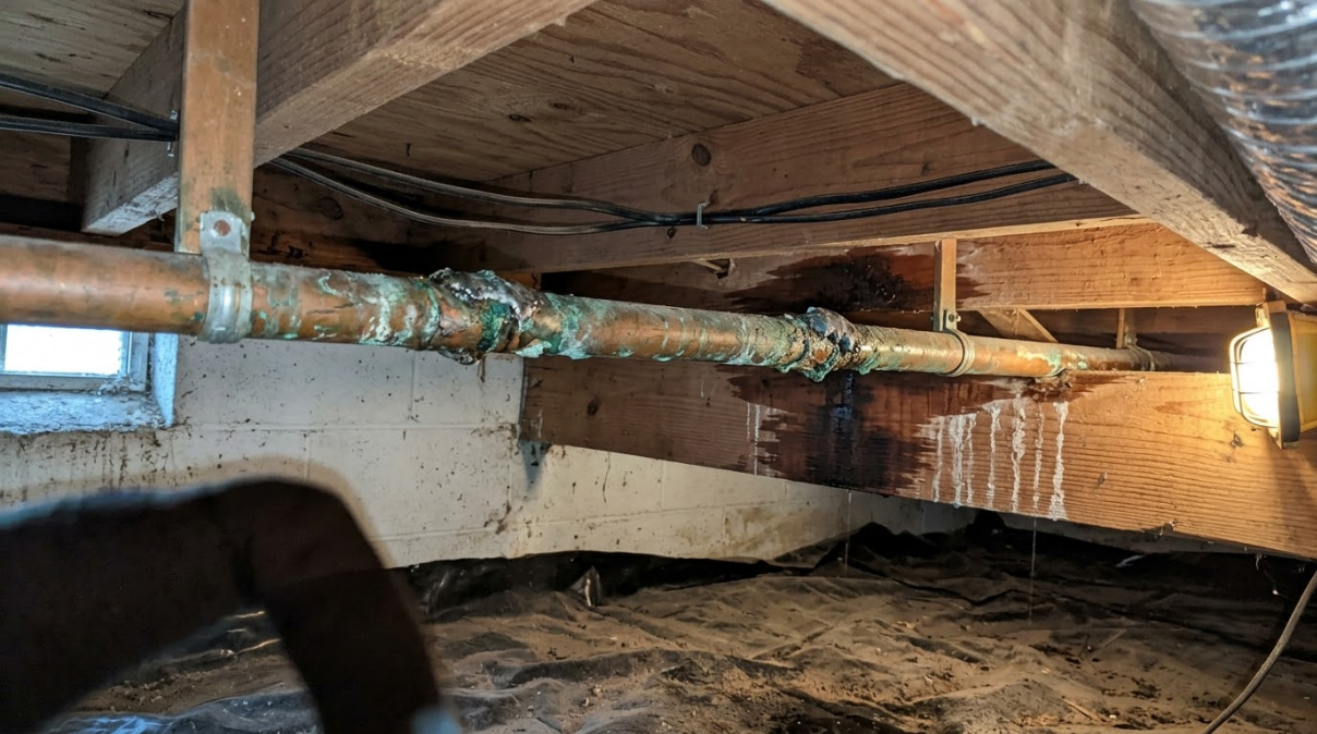 Crawlspace with exposed wooden beams and a damaged, rusted pipe running across the ceiling