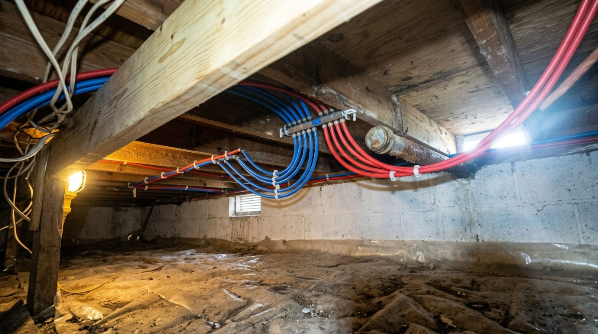 Under-floor crawlspace with exposed wooden beams, red and blue cables, and a small light on the left