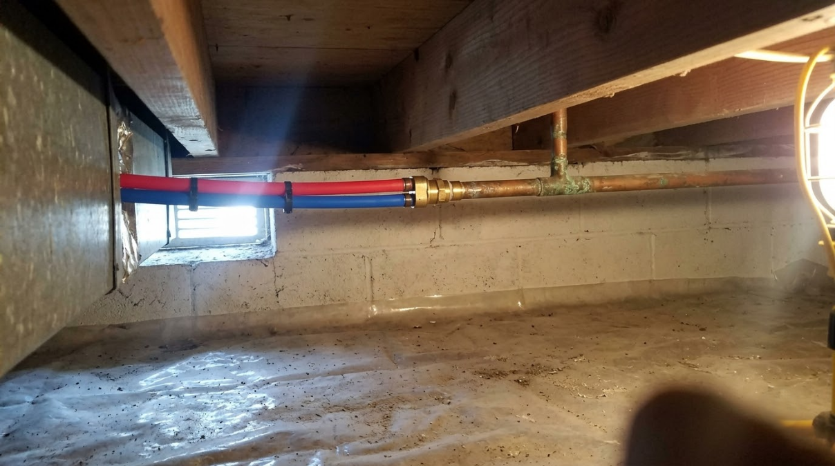 Low crawlspace with exposed pipes and wooden beams, lit by daylight from a small opening.