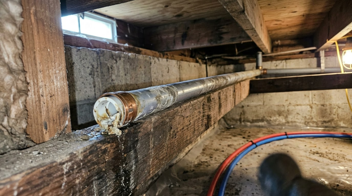 Rusty metal pipe running through a wooden crawlspace with red and blue hoses nearby