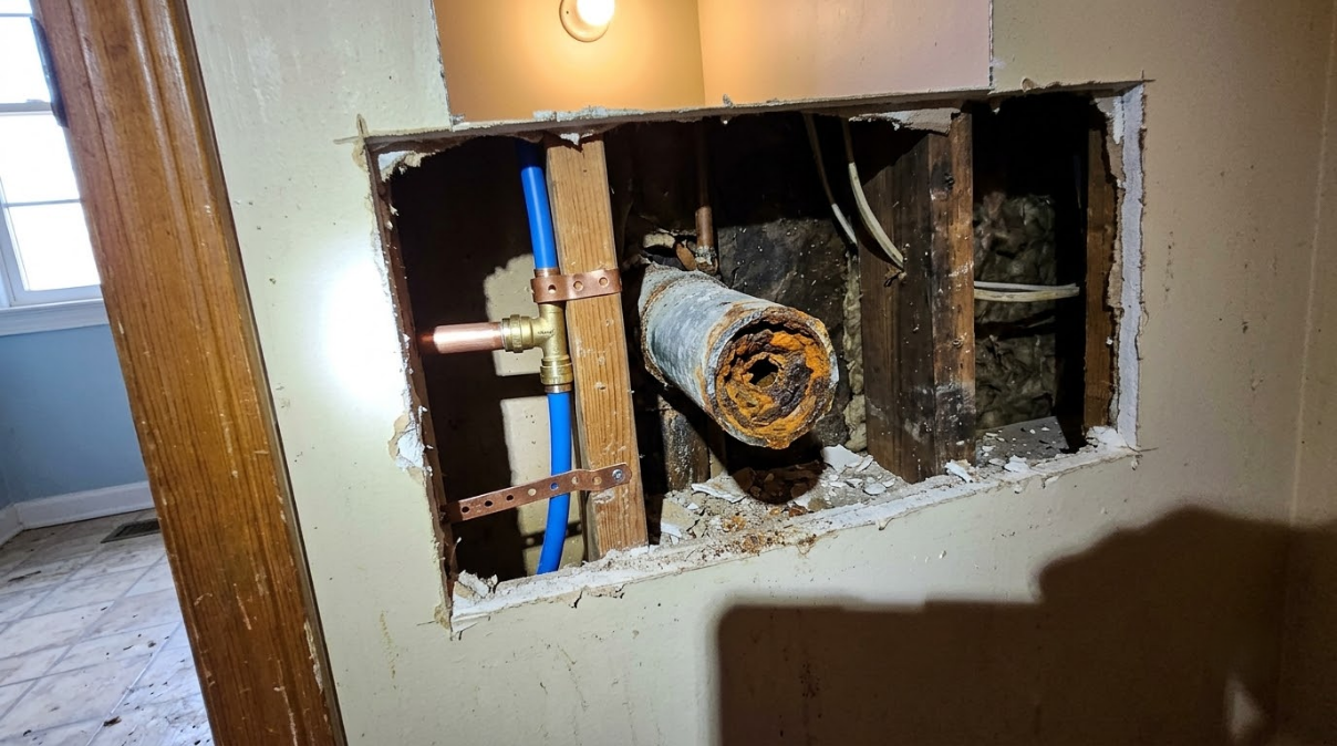 Open wall cavity with exposed pipes and wiring beside a doorway in a dim room.
