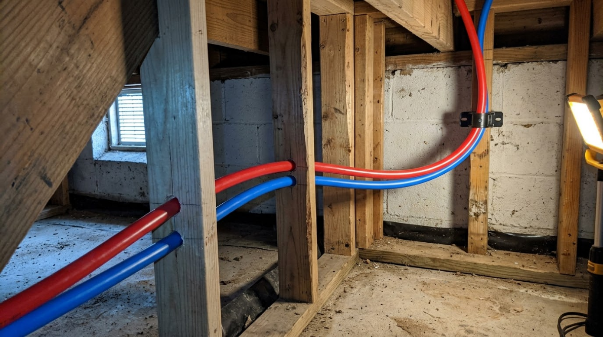 Red and blue pipes run through unfinished wooden framing inside a crawlspace.