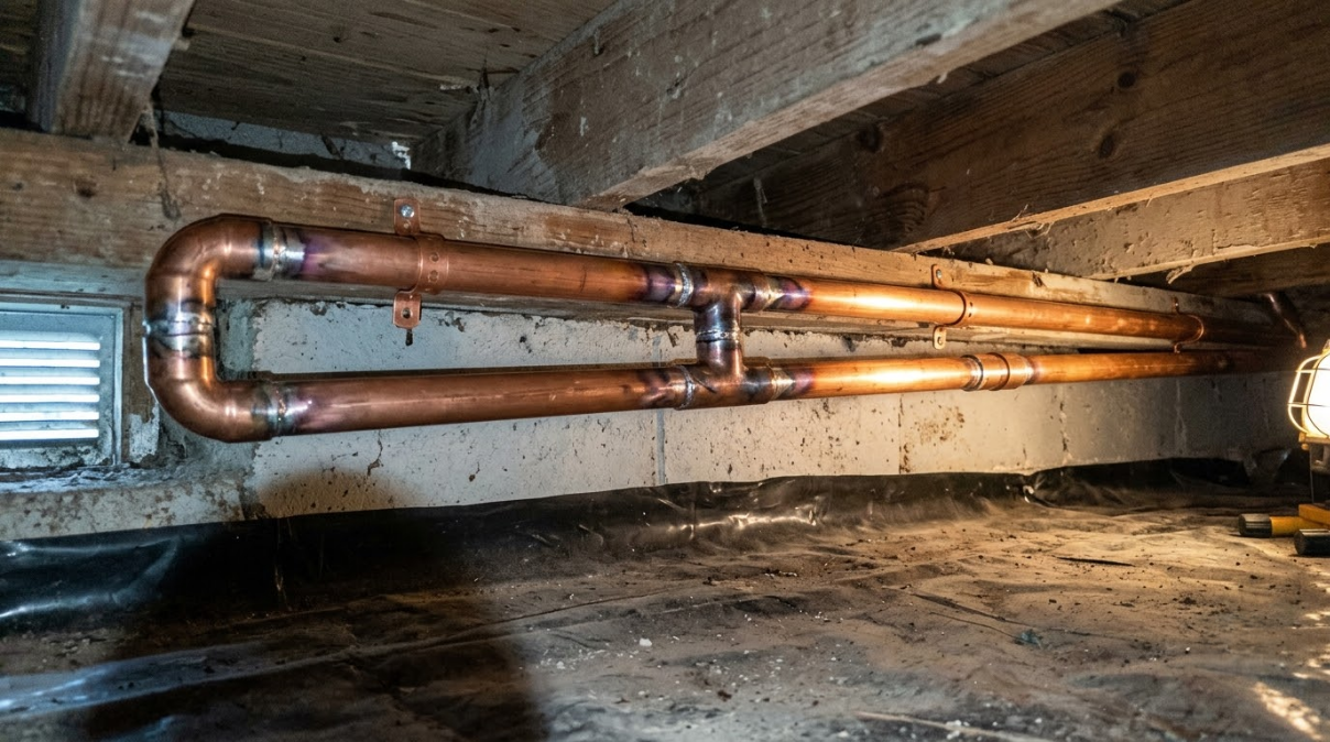 Rusty copper pipes running along a dim basement wall beneath exposed wooden beams.