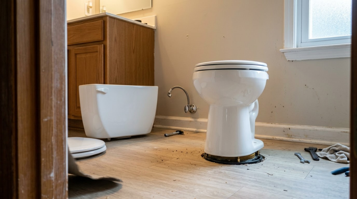 Small bathroom with a white toilet, sink cabinet, and cleaning supplies on the floor.