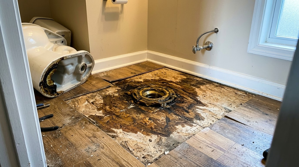 Burned bathroom floor around a toilet base beside a bathtub and wall faucet, with charred debris.