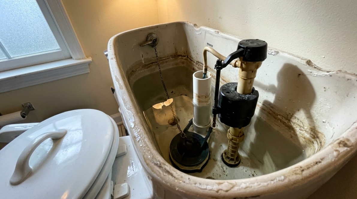 Toilet tank with exposed plumbing parts inside a stained bathroom sink or basin