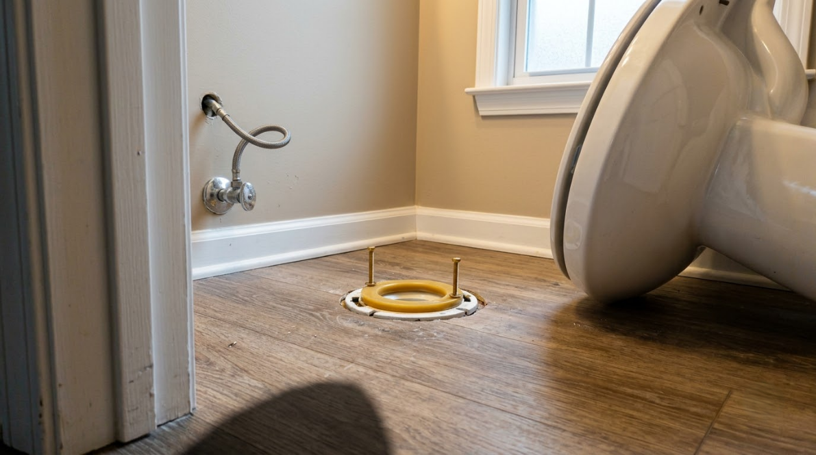 Small bathroom with a yellow floor drain cover and a toilet on its side near the wall.
