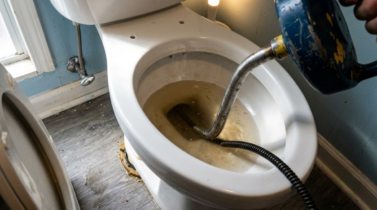 Clogged toilet with a drain snake in the bowl, brown water, next to a window and blue wall