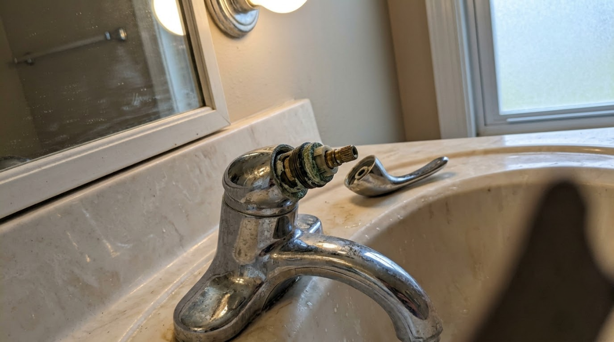 Bathroom sink faucet with a broken handle and exposed green corrosion near the base.