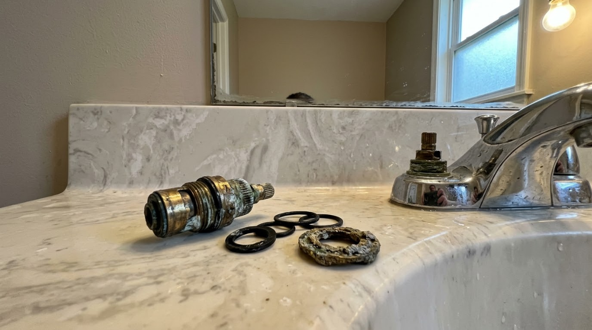Bathroom sink counter with a disassembled faucet cartridge, O-rings, and parts on a marble vanity.