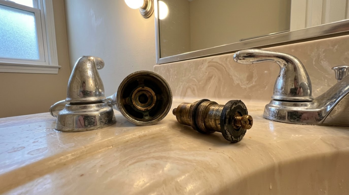 Bathroom sink with faucet parts disassembled on the counter, likely for repair