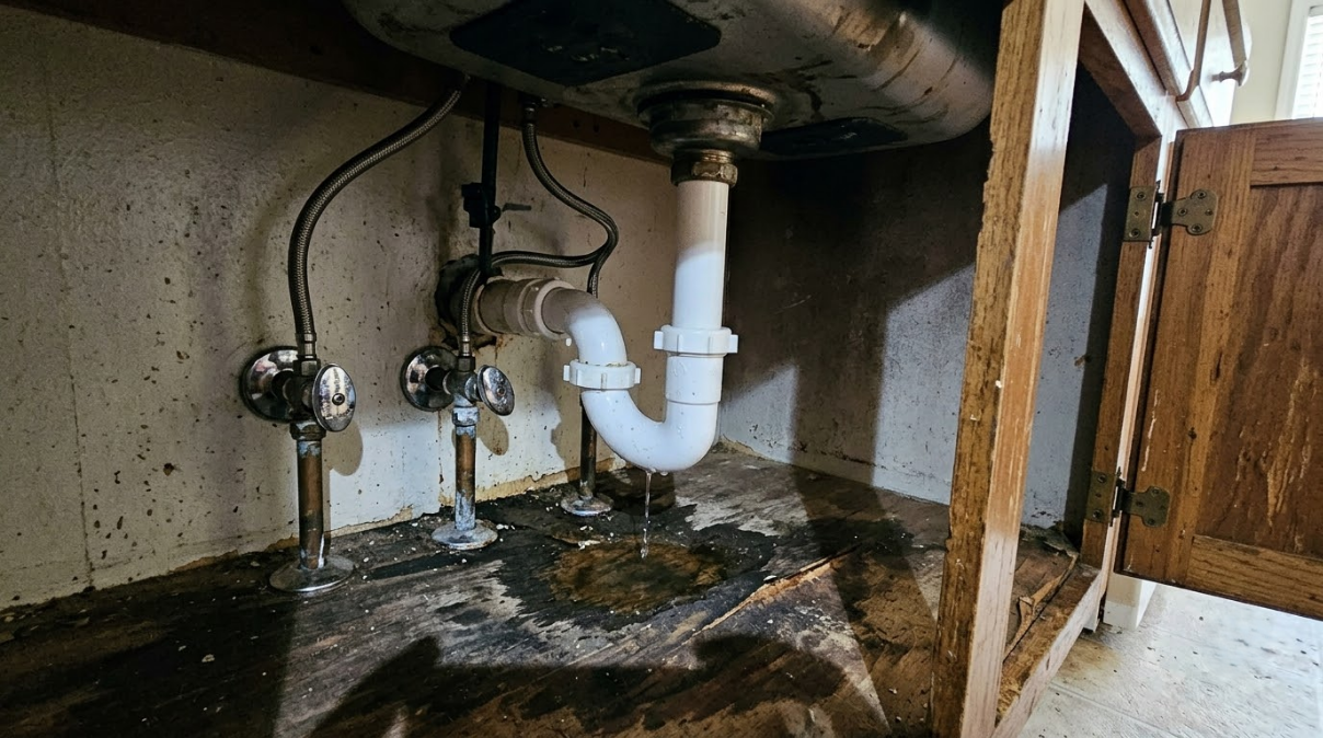 Under-sink plumbing with white pipe and metal valves over a wet, stained cabinet floor
