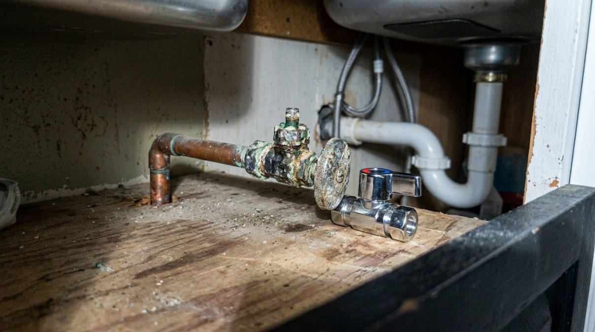 Under-sink plumbing with valves, copper pipe, and a damp wooden cabinet floor.
