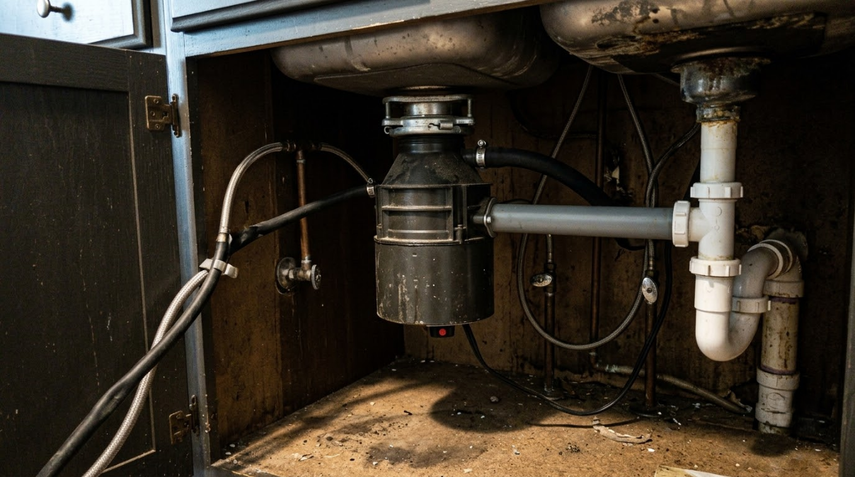 Under-sink garbage disposal and plumbing pipes inside a kitchen cabinet