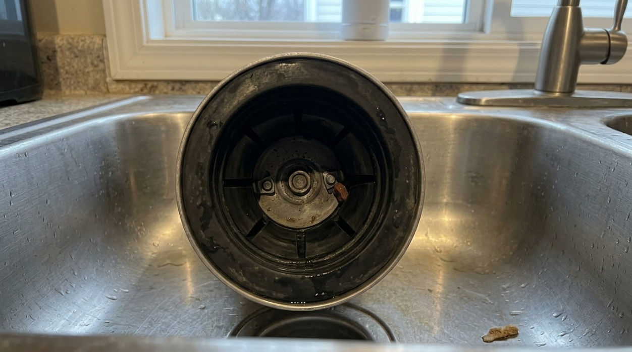 Kitchen sink with a black garbage disposal opening beneath a window and faucet