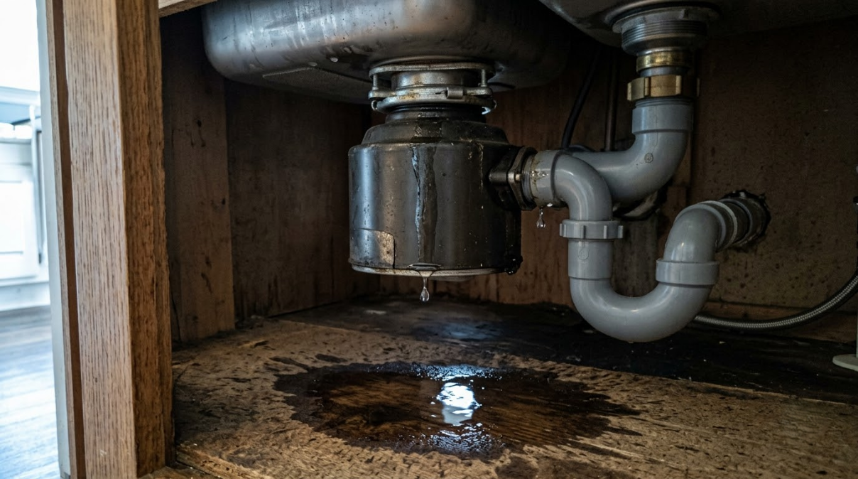 Under-sink plumbing with a leaking drain pipe and water pooling on the cabinet floor