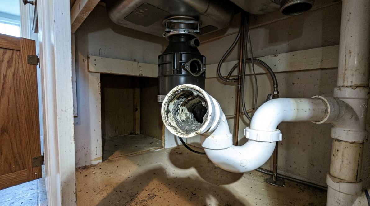 Under-sink plumbing with a disconnected white drain pipe and exposed black garbage disposal unit.