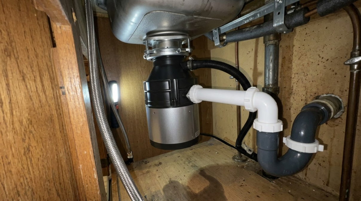 Under-sink plumbing with garbage disposal, pipes, and a dishwasher drain hose inside a wooden cabinet