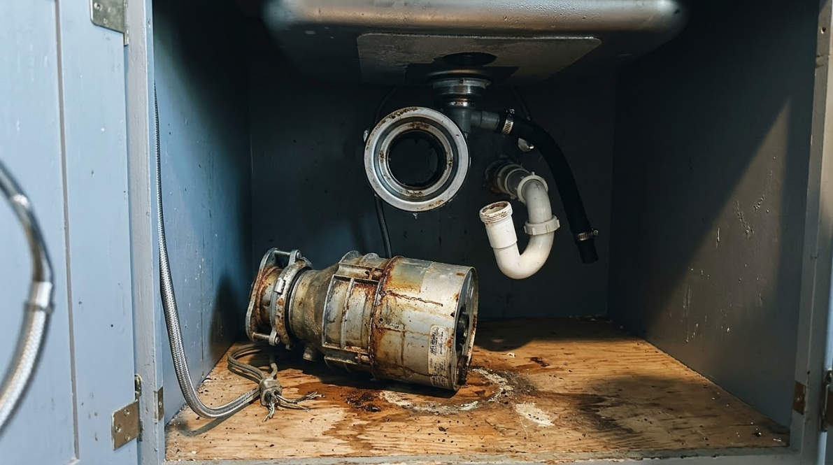Under-sink cabinet with a detached metal pipe and leaking pump, showing rust and water damage