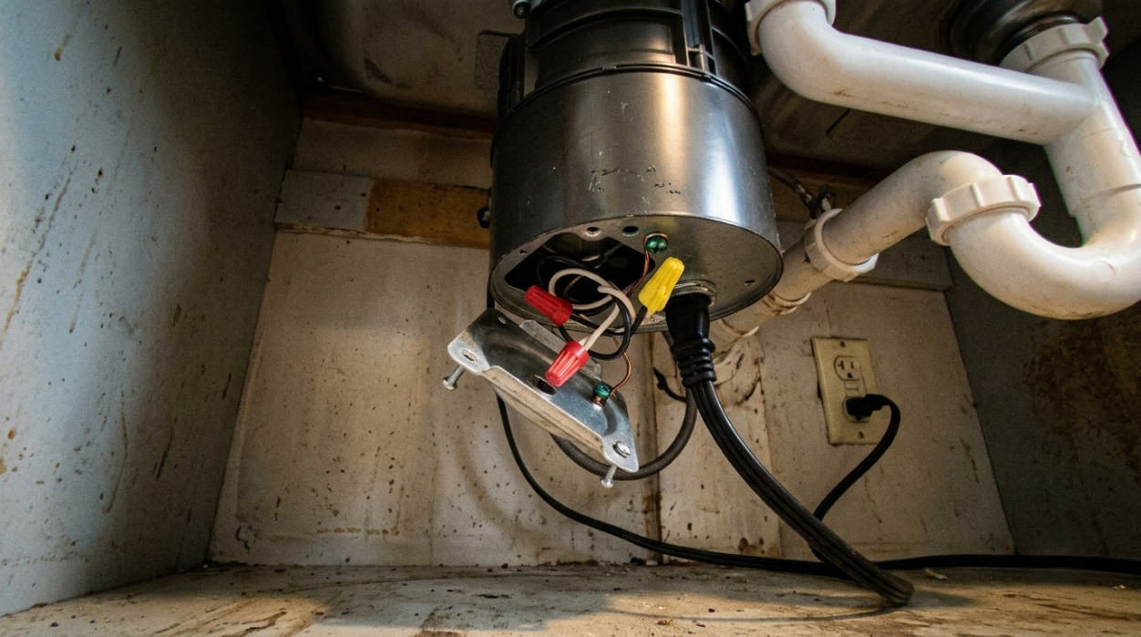 Under-sink garbage disposal with exposed wiring and white plumbing pipes in a cabinet.