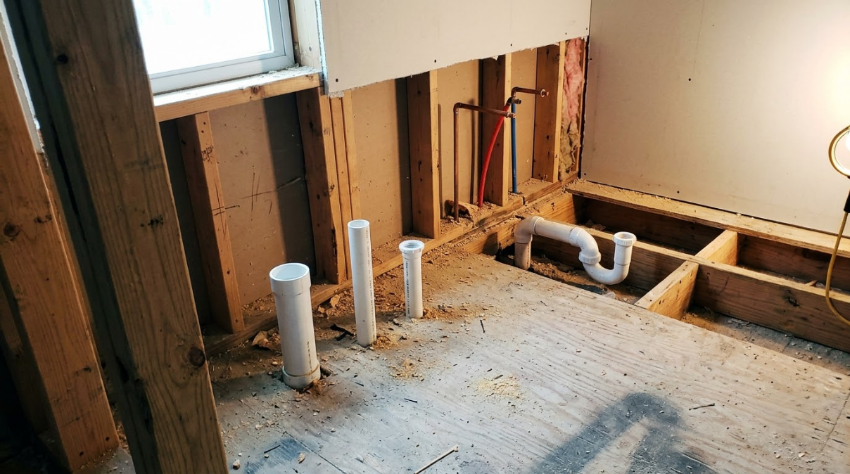 Partially renovated bathroom with exposed subfloor, plumbing pipes, and a window on the left.