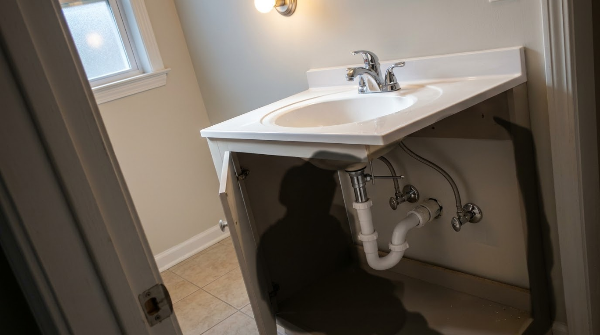 Bathroom vanity cabinet with open under-sink plumbing and a white sink on top.