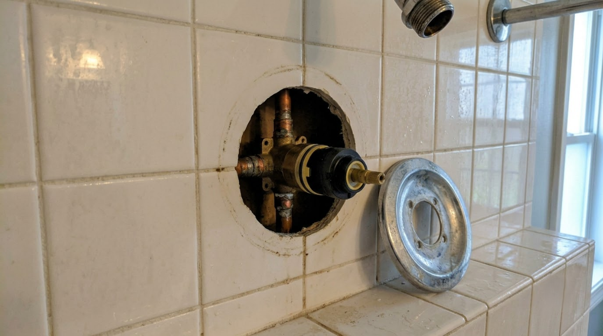 Bathroom tile wall with an open shower valve and detached round chrome cover plate nearby