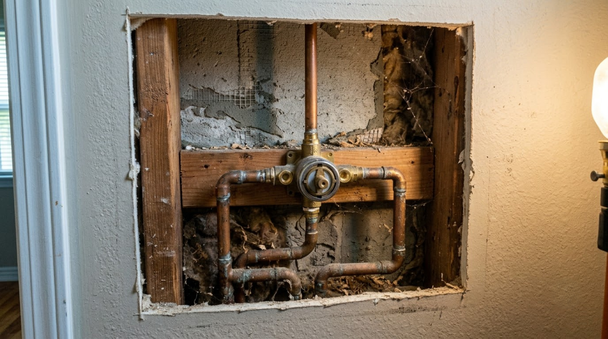 Exposed wall plumbing valves and pipes inside a cut-out section of drywall