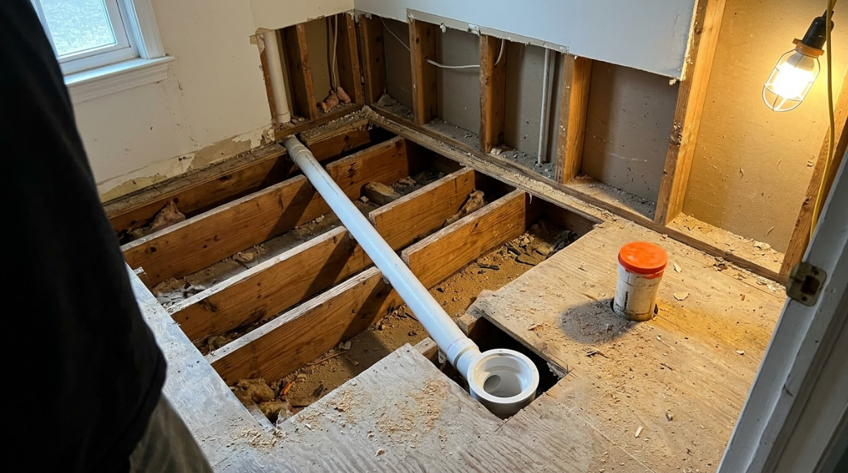 Bathroom floor removed for renovation, exposing joists, plumbing, and a bucket near a light.