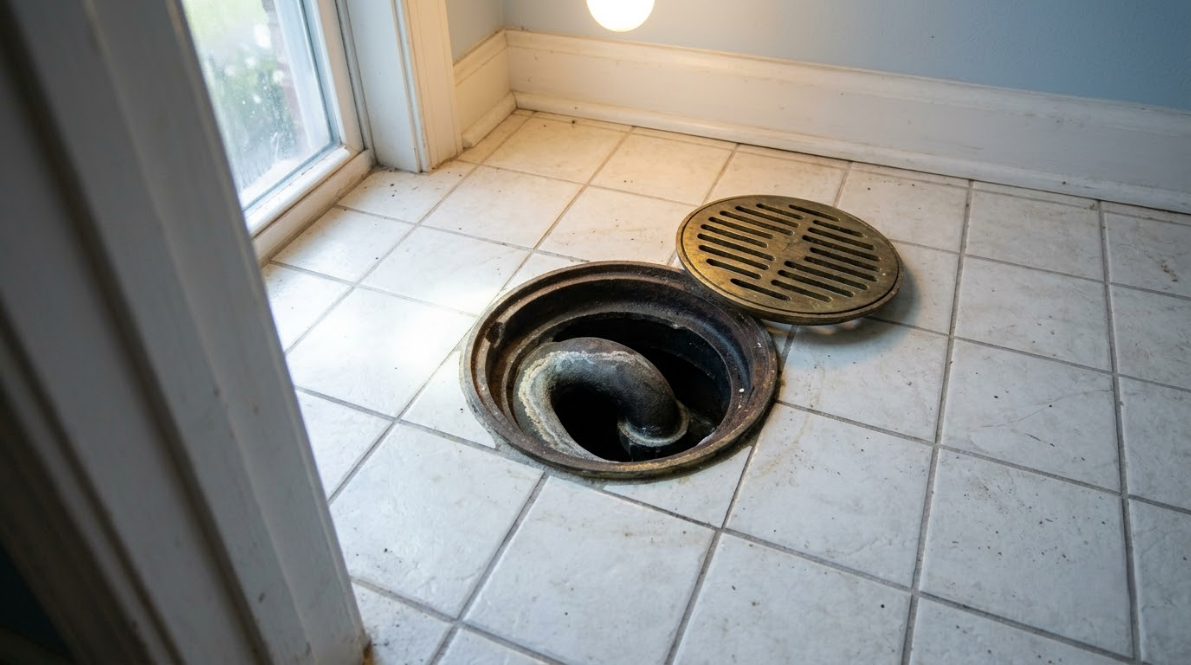 Bathroom floor with an open toilet drain and a removed round cover nearby.