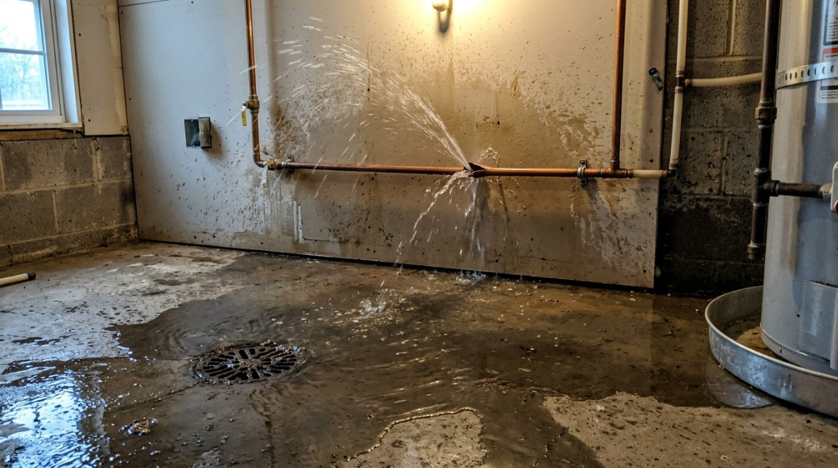 Basement utility room with a leaking pipe spraying water onto a wet concrete floor
