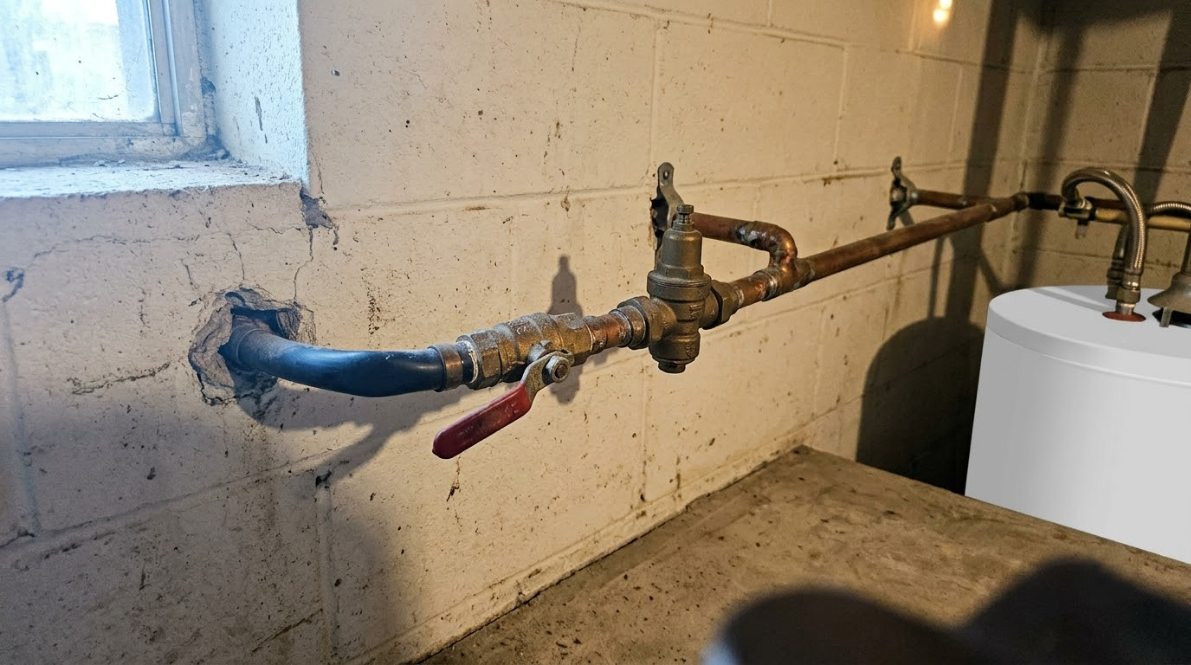 Leaking exposed plumbing pipes running through a tiled wall beside a water heater