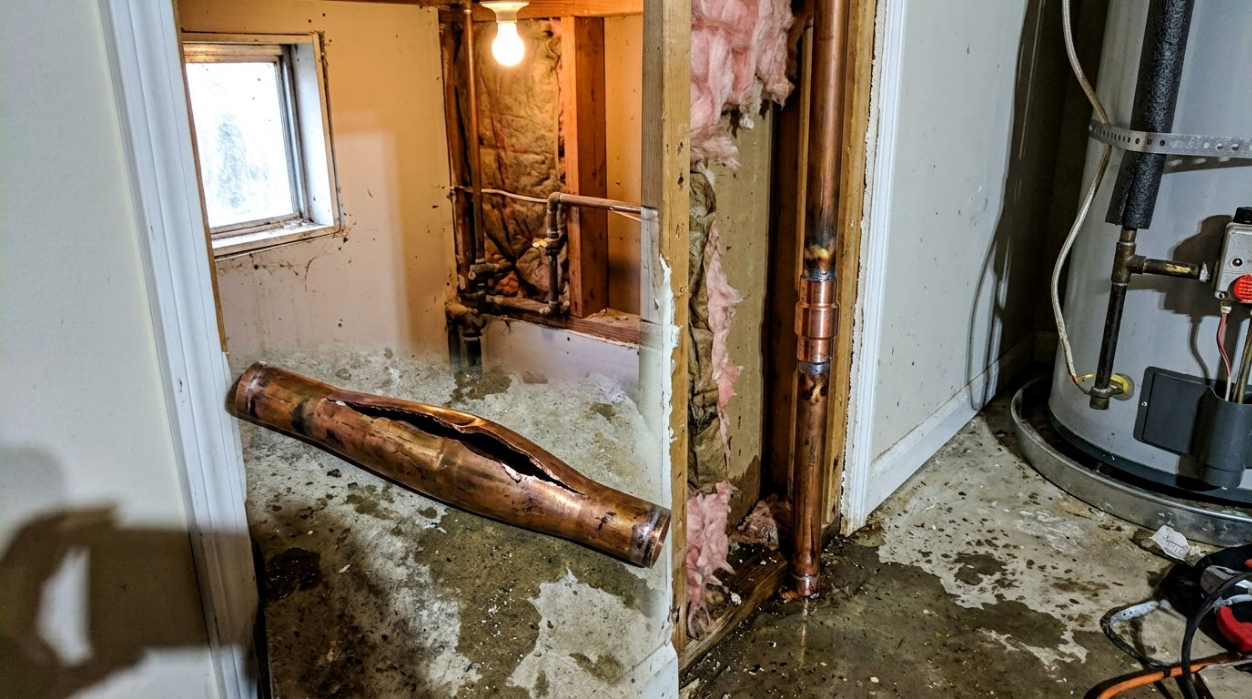 Flooded basement with exposed pipes, damaged walls, and standing water near a water heater.
