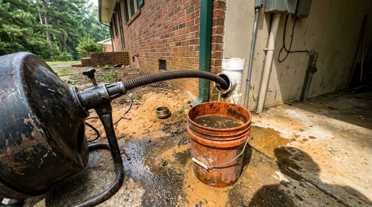 Rusty pipe draining muddy water into a rusted bucket beside a brick building and driveway