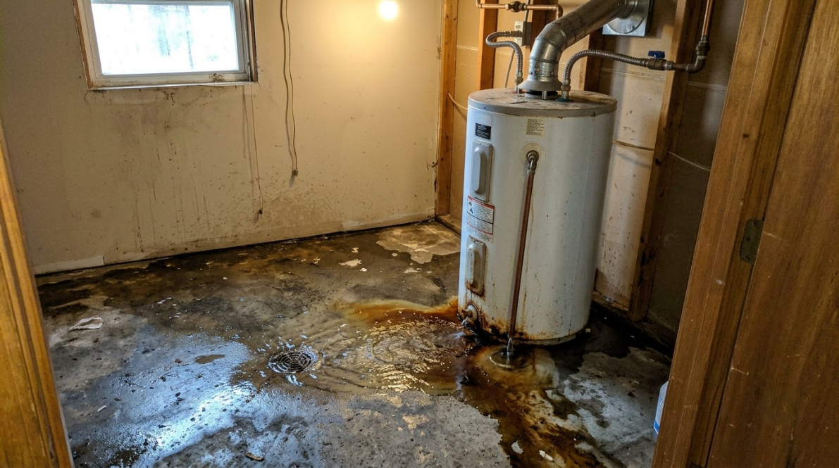 Flooded utility room with water-damaged floor, a water heater, and pipes near a small window