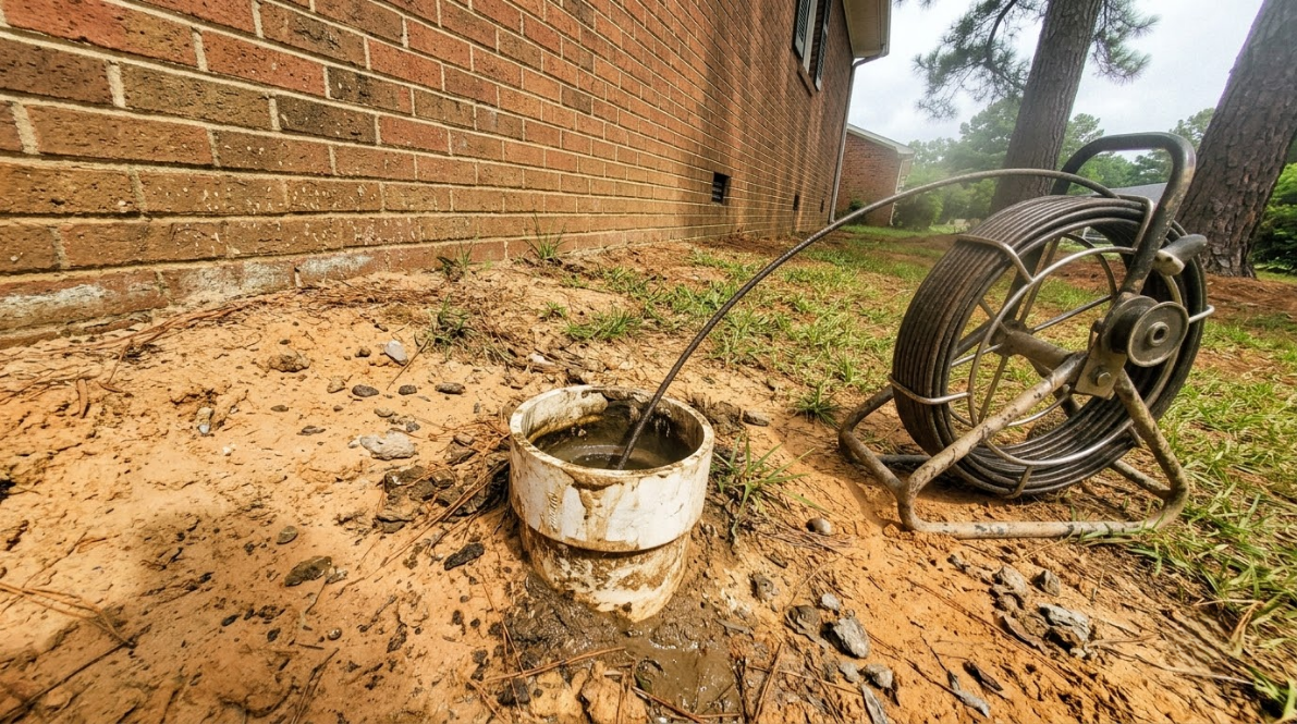 White bucket and coiled hose on muddy ground beside a brick wall, with water spraying across a yard.