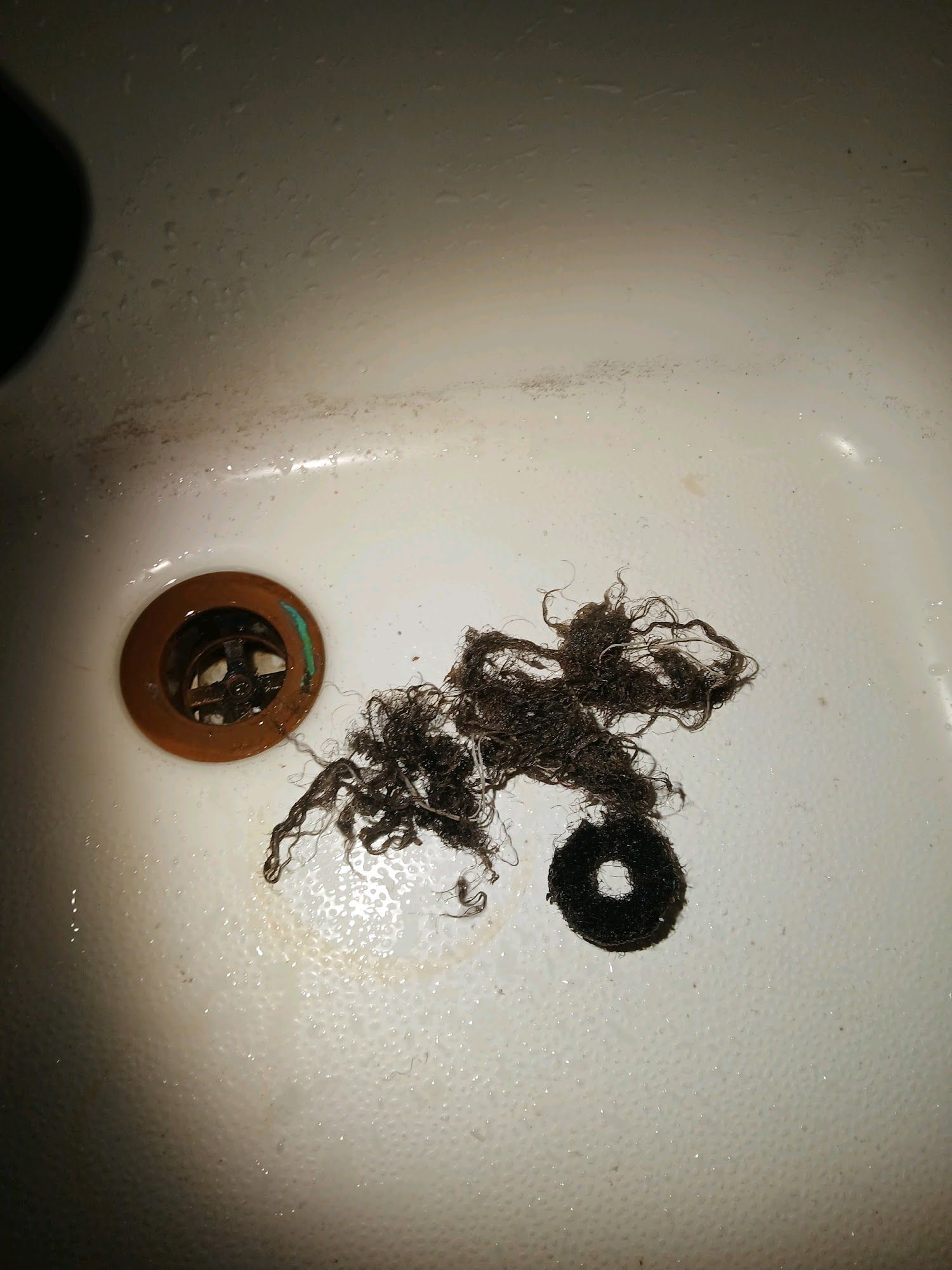 Clump of dark hair beside two small round drain parts on a white sink or tub surface