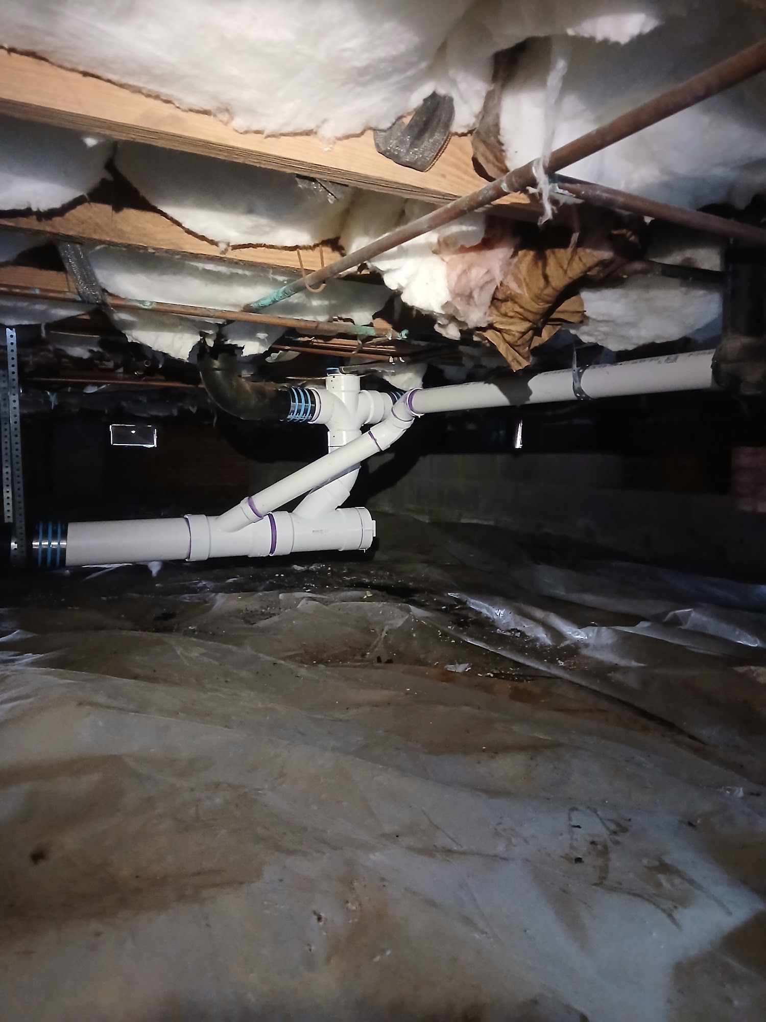Crawlspace with damaged insulation, exposed wood framing, and white PVC pipes under a house