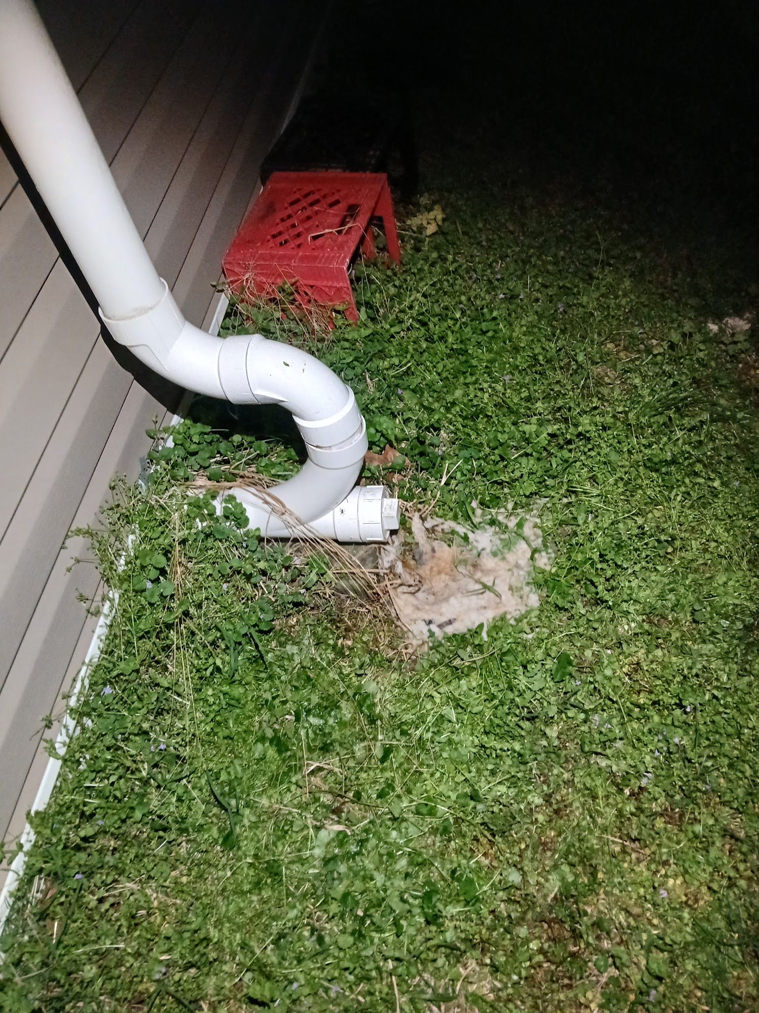White downspout drains into a small concrete splash block beside a house over wet grass, with a red crate nearby.
