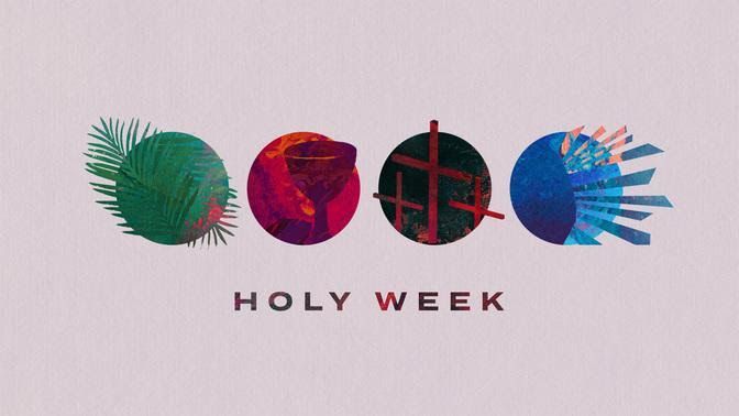 A poster for holy week with colorful circles on a pink background.