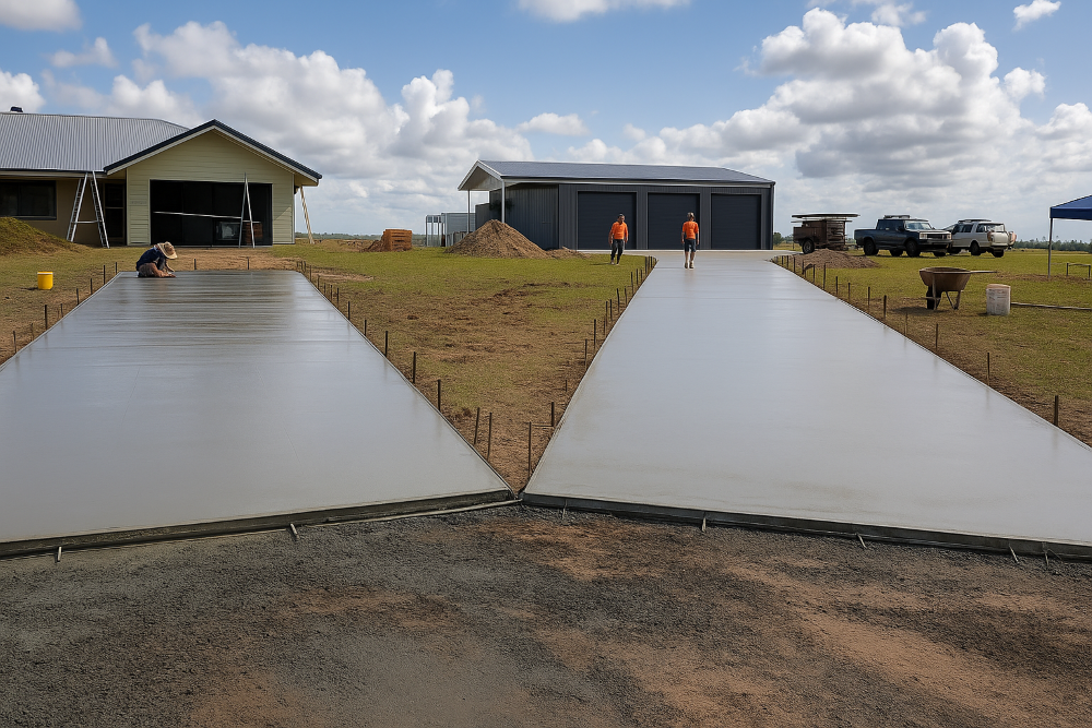 A Concrete Driveway is Being Built in Front of a House — TJ Concreting in Northern Rivers, NSW