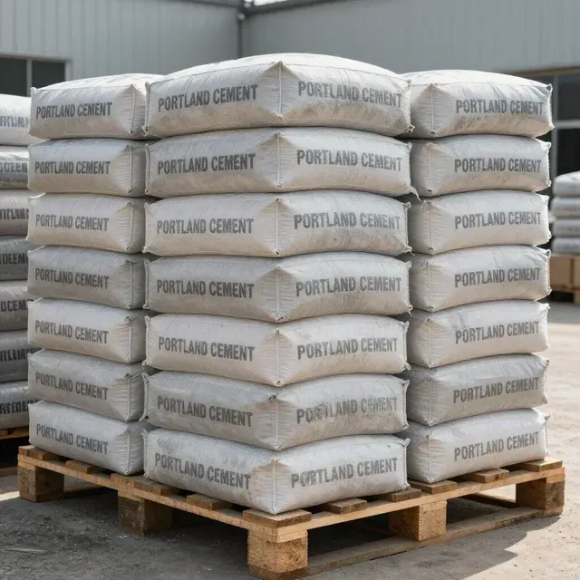 Palés apilados con sacos etiquetados como “Cemento Portland” en un patio industrial.