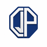 Logotipo octogonal azul con las letras blancas estilizadas JP o CP